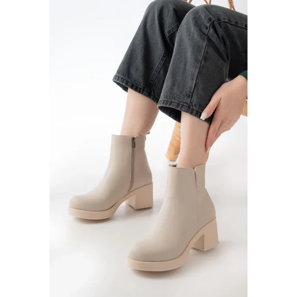 5109-3057 Bej Lastikli Fermuarlı Kalın Topuklu Günlük Kadın Bot