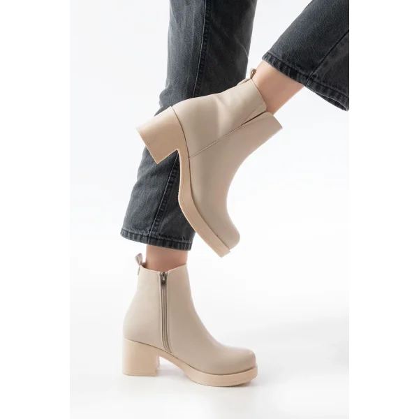 5109-3057 Bej Lastikli Fermuarlı Kalın Topuklu Günlük Kadın Bot