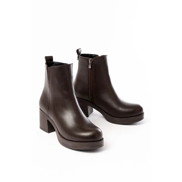 5109-3057 Kahverengi Lastikli Fermuarlı Kalın Topuklu Günlük Kadın Bot