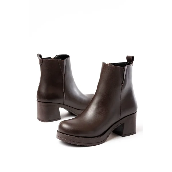 5109-3057 Kahverengi Lastikli Fermuarlı Kalın Topuklu Günlük Kadın Bot