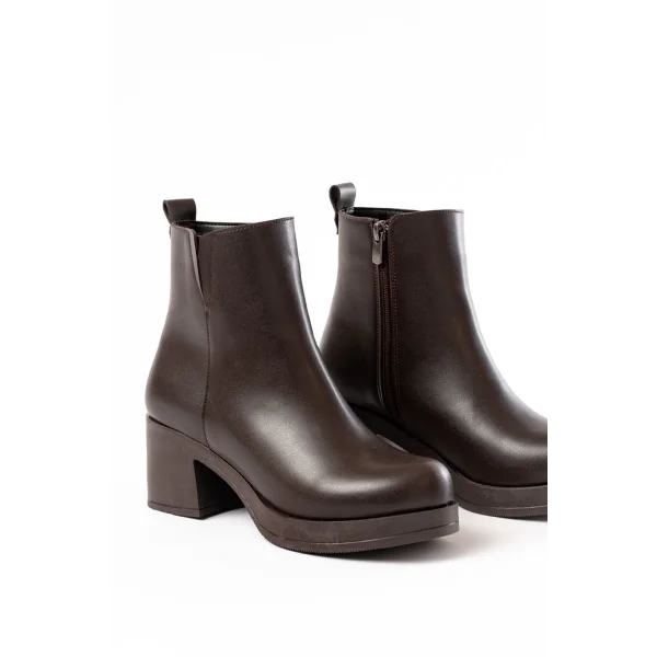 5109-3057 Kahverengi Lastikli Fermuarlı Kalın Topuklu Günlük Kadın Bot