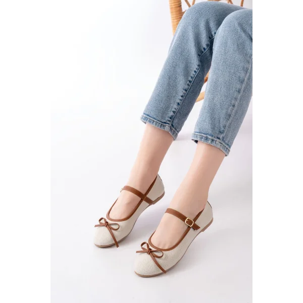 6321 Bej Keten Günlük Baret Tokalı Bayan Babet