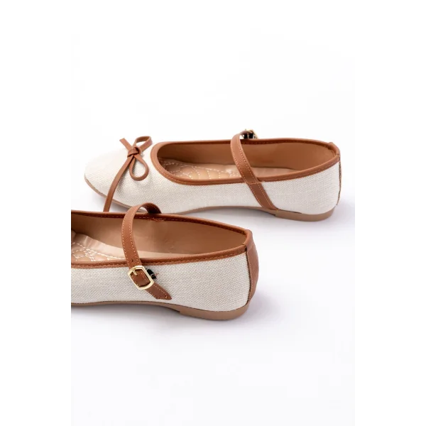 6321 Bej Keten Günlük Baret Tokalı Bayan Babet