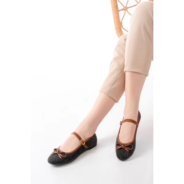 6321 Siyah Keten Günlük Baret Tokalı Bayan Babet