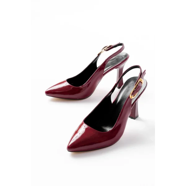 719 Bordo Rugan Sivri Burunlu Toka Detaylı  Topuklu Kadın Ayakkabı