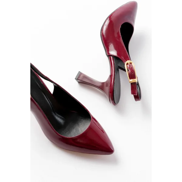 719 Bordo Rugan Sivri Burunlu Toka Detaylı  Topuklu Kadın Ayakkabı