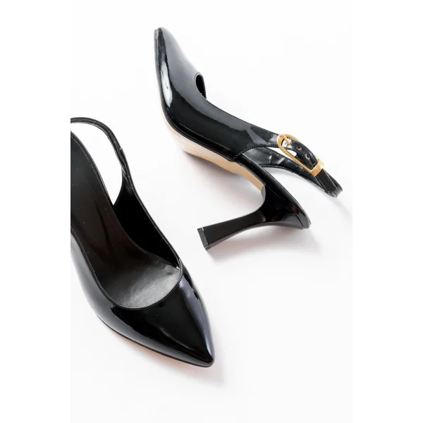 719 Siyah Rugan Sivri Burunlu Toka Detaylı  Topuklu Kadın Ayakkabı