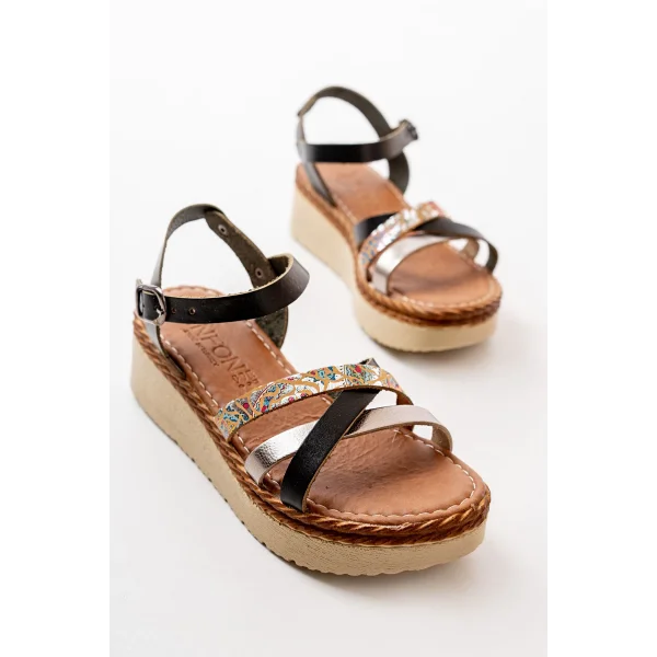 730-015 Siyah Garni Ortopedik Hakiki Deri Dolgu Kadın Sandalet