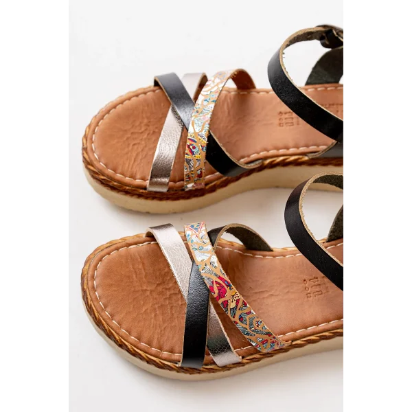 730-015 Siyah Garni Ortopedik Hakiki Deri Dolgu Kadın Sandalet