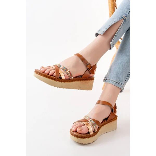 730-015 Taba Garni Ortopedik Hakiki Deri Dolgu Kadın Sandalet