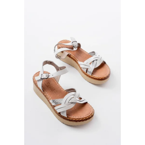730-037 Beyaz Ayna Hakiki Deri Ortopedik Taban Kadın Sandalet