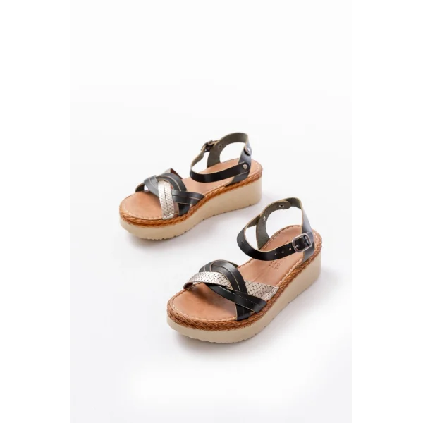 730-037 Siyah Ayna Hakiki Deri Ortopedik Taban Kadın Sandalet