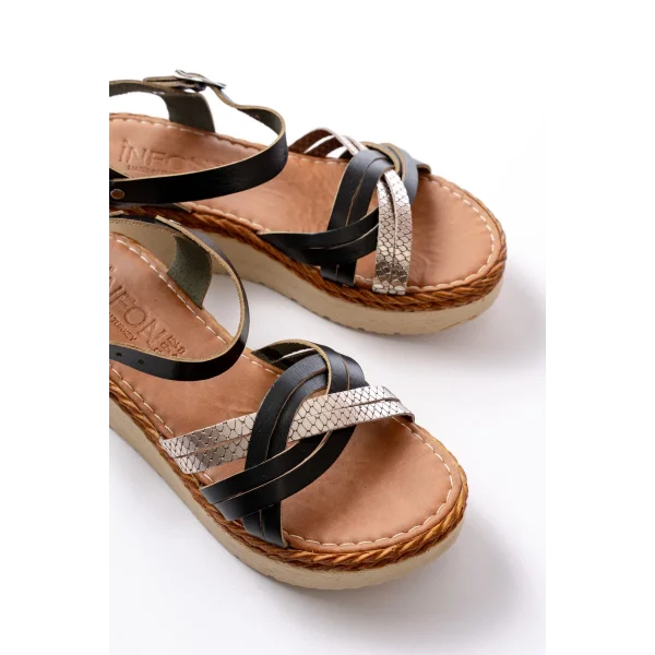 730-037 Siyah Ayna Hakiki Deri Ortopedik Taban Kadın Sandalet