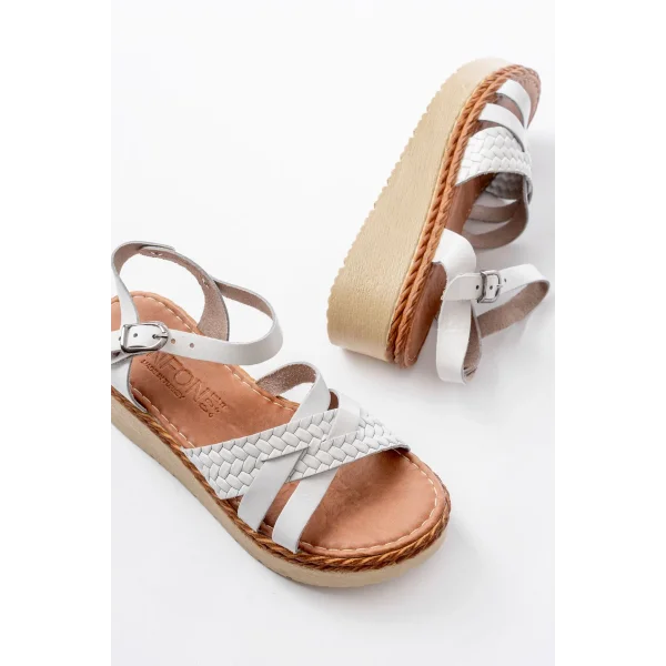 730-138 Beyaz Örgü Hakiki Deri Ortopedik Taban Kadın Sandalet