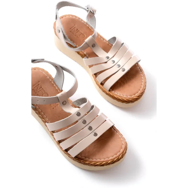 730-142 Bej Hakiki Deri Ortopedik Taban Kadın Sandalet