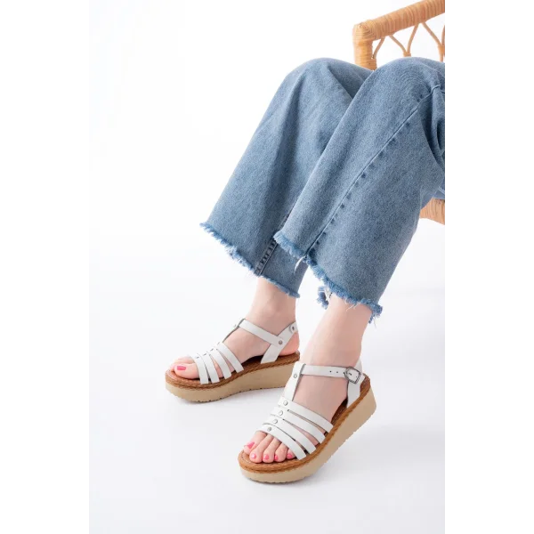 730-142 Beyaz Hakiki Deri Ortopedik Taban Kadın Sandalet