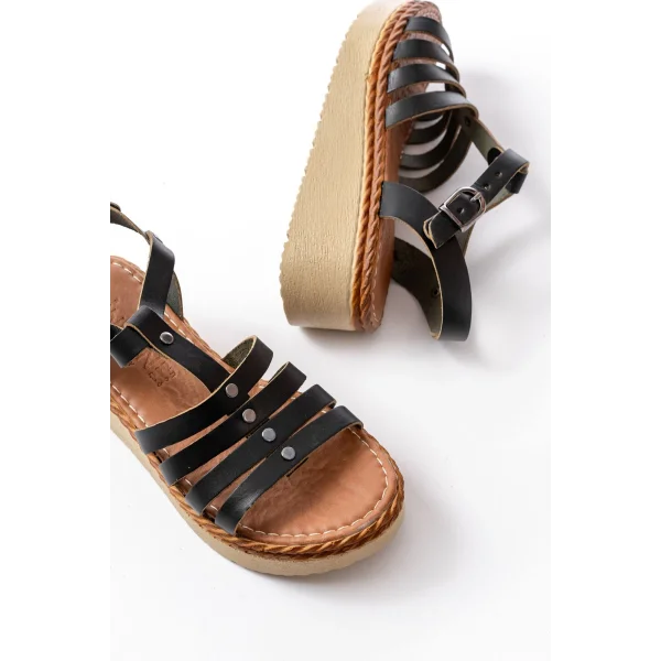 730-142 Siyah Hakiki Deri Ortopedik Taban Kadın Sandalet