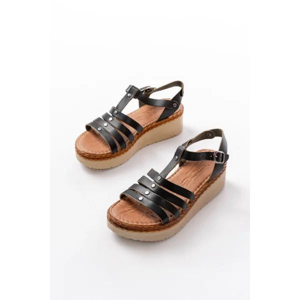 730-142 Siyah Hakiki Deri Ortopedik Taban Kadın Sandalet