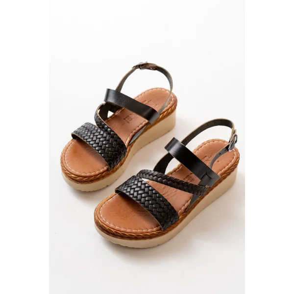 730-152 Siyah Ortopedik Hakiki Deri Dolgu Kadın Sandalet