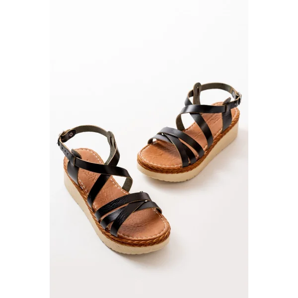 730-153 Siyah Ortopedik Hakiki Deri Dolgu Kadın Sandalet