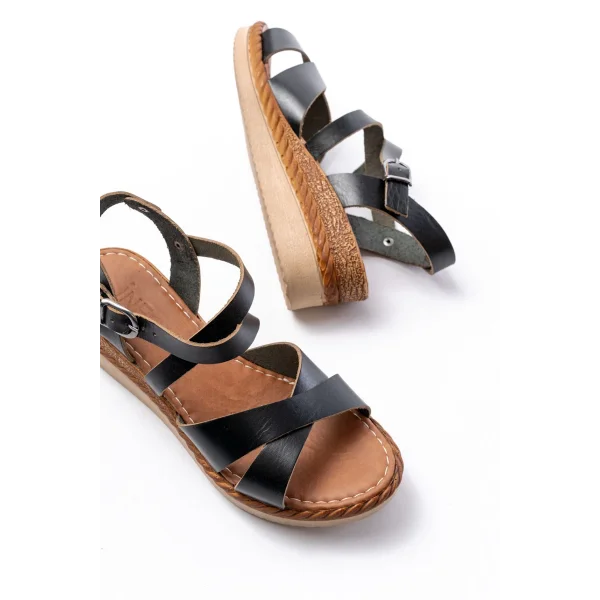 731-045 Siyah Çapraz Hakiki Deri Dolgu Topuklu Günlük Kadın Sandalet