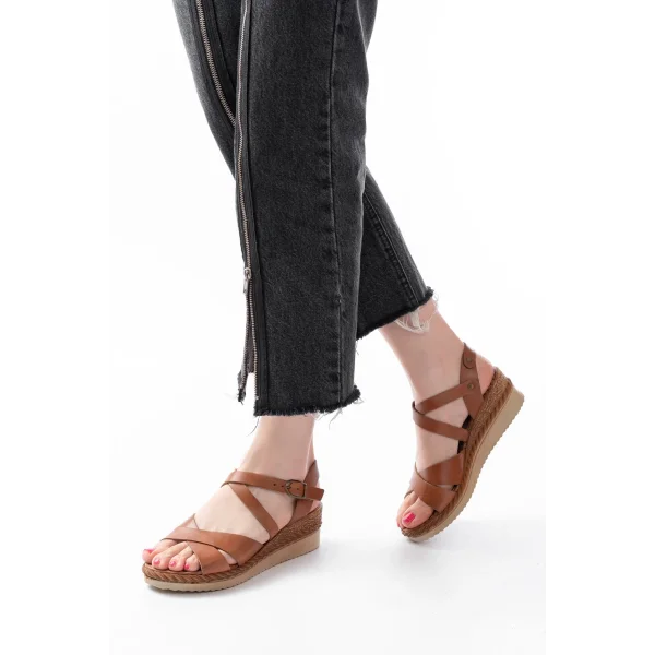 731-045 Taba Çapraz Hakiki Deri Dolgu Topuklu Günlük Kadın Sandalet