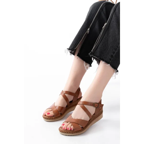 731-045 Taba Çapraz Hakiki Deri Dolgu Topuklu Günlük Kadın Sandalet