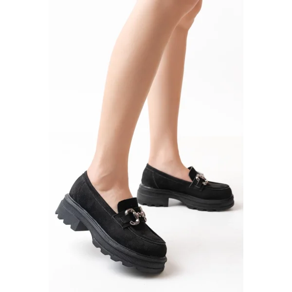 745-773 Siyah Süet Günlük Yüksek Tabanlı Loafer Ayakkabı