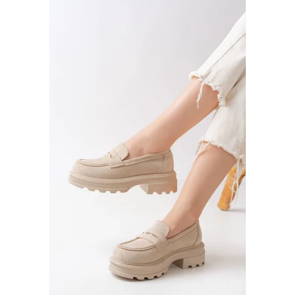 746-759 Bej Süet Günlük Yüksek Tabanlı Loafer Ayakkabı