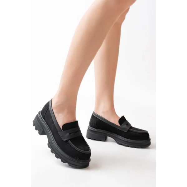 746-759 Siyah Süet Günlük Yüksek Tabanlı Loafer Ayakkabı