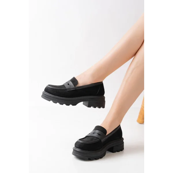 746-759 Siyah Süet Günlük Yüksek Tabanlı Loafer Ayakkabı