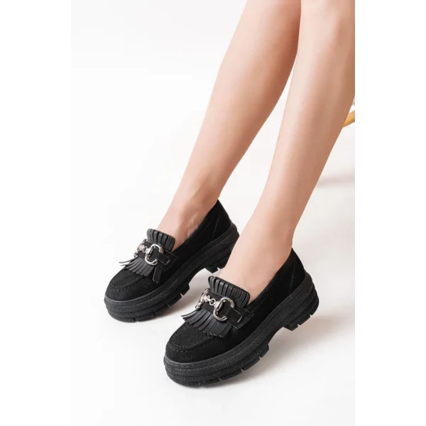 749-750 Siyah Süet Tokalı Günlük Yüksek Tabanlı Loafer Ayakkabı