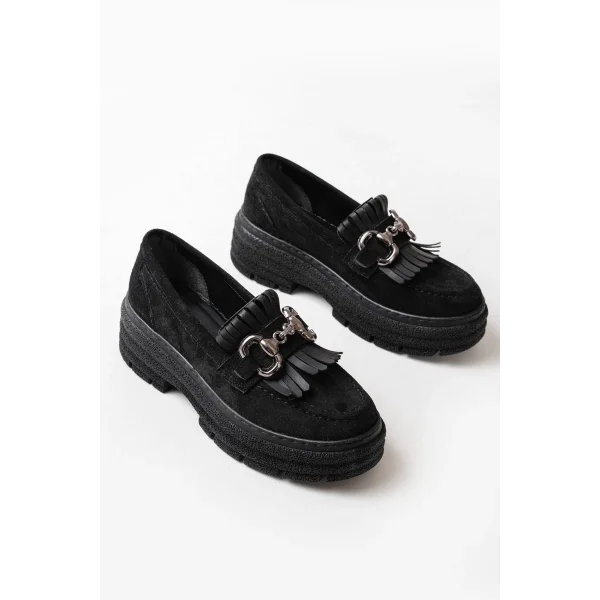 749-750 Siyah Süet Tokalı Günlük Yüksek Tabanlı Loafer Ayakkabı