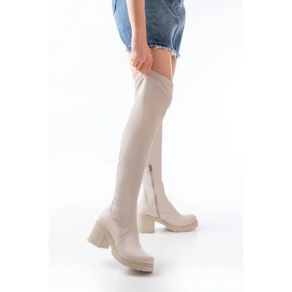 767-3010 Bej Streç Günlük Kalın Topuklu Kadın Çizme