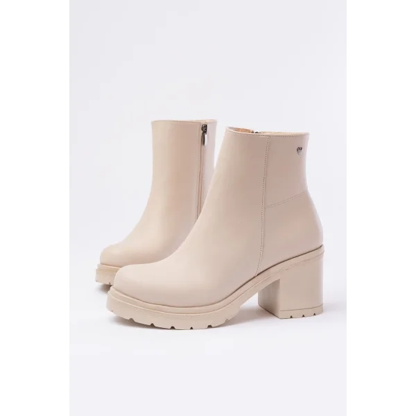 767-3020 Bej Fermuarlı Kalın Topuklu Günlük Kadın Bot