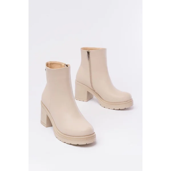 767-3020 Bej Fermuarlı Kalın Topuklu Günlük Kadın Bot