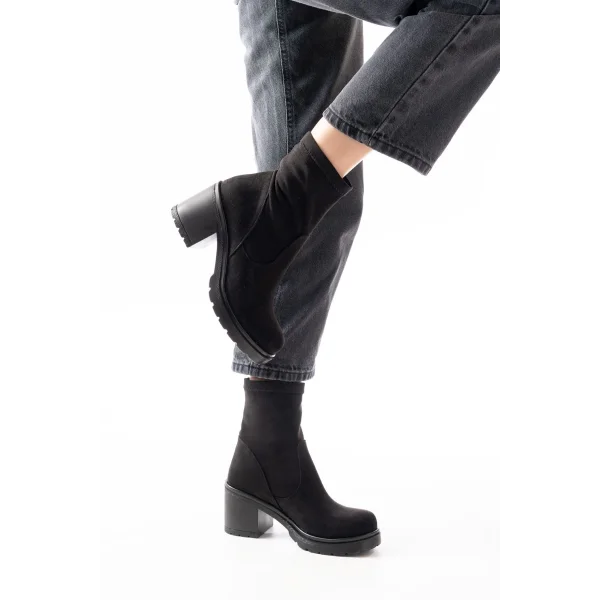 767-3040 Siyah Süet Günlük Kalın Topuklu Kadın Bot