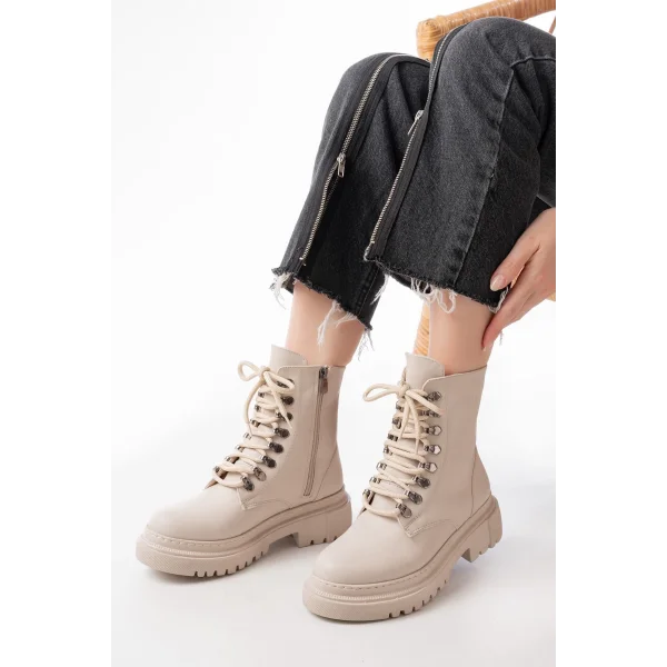 812-2121 Bej Bağcıklı Fermuarlı Günlük Kadın Bot