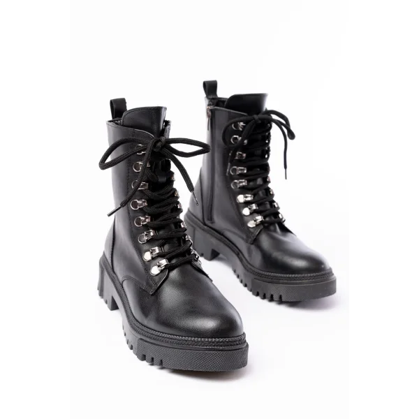 812-2121 Siyah Cilt Bağcıklı Fermuarlı Günlük Kadın Bot