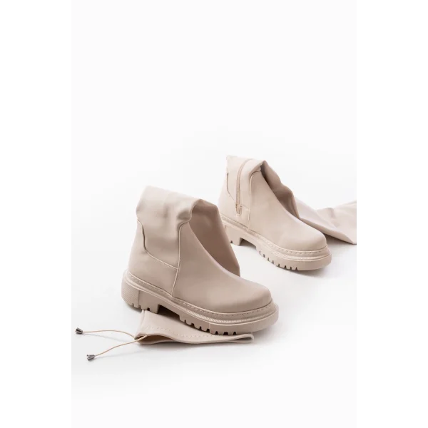 812-2194 Bej Fermuarlı Diz Üstü Bağcıklı Çorap Günlük Kadın Çizme