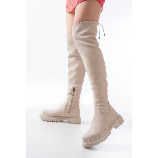 812-2194 Bej Fermuarlı Diz Üstü Bağcıklı Çorap Günlük Kadın Çizme