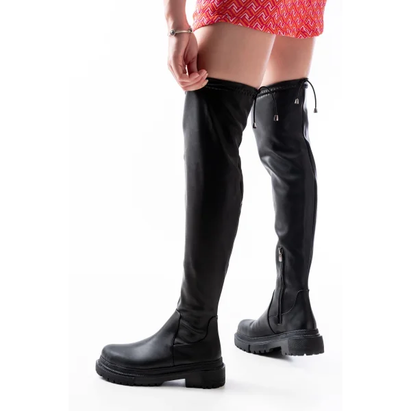 812-2194 Siyah Fermuarlı Diz Üstü Bağcıklı Çorap Günlük Kadın Çizme