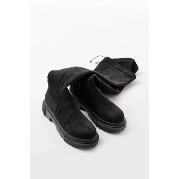 812-2194 Siyah Süet Fermuarlı Diz Üstü Bağcıklı Çorap Günlük Kadın Çizme