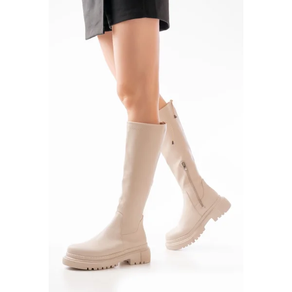 812-2291 Bej Fermuarlı Günlük Kadın Çizme