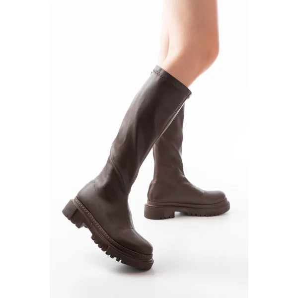 812-301 Kahverengi Streç Arkadan Fermuarlı Günlük Kadın Çizme