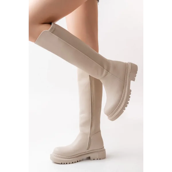 812-305 Bej Arkası Streç Fermuarlı Günlük Kadın Çizme