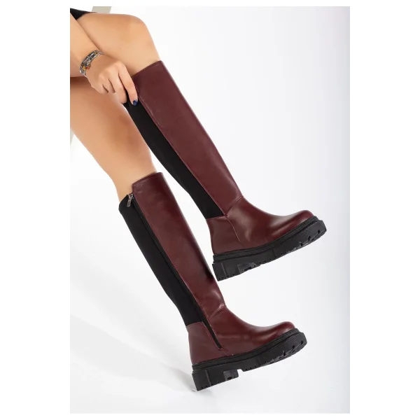 812-305 Bordo Arkası Streç Fermuarlı Günlük Kadın Çizme