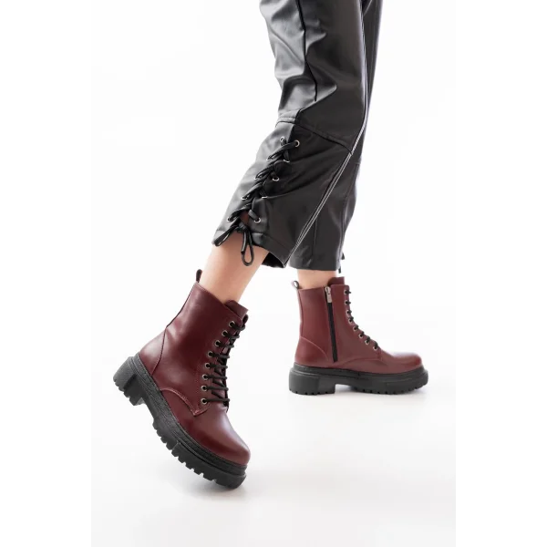 812-356 Bordo Bağcıklı Fermuarlı Günlük Kadın Bot