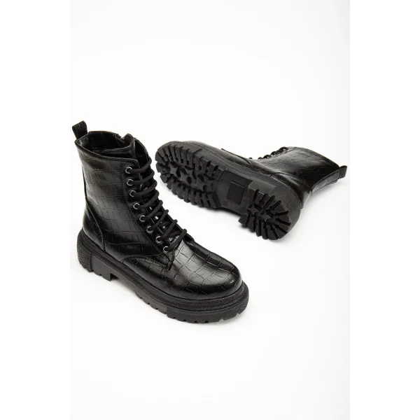 812-356 Siyah Kroko Bağcıklı Fermuarlı Günlük Kadın Bot