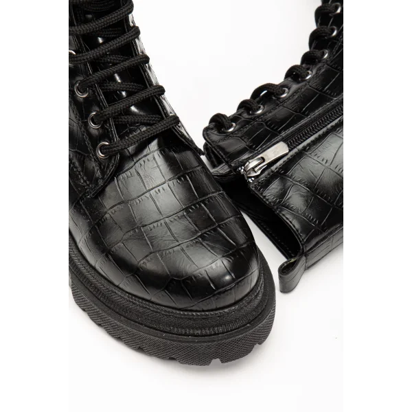 812-356 Siyah Kroko Bağcıklı Fermuarlı Günlük Kadın Bot